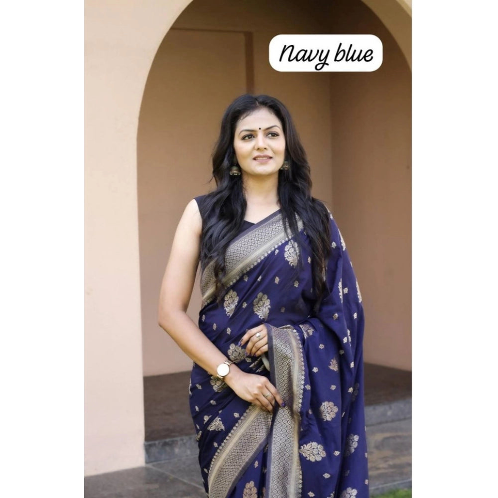 Generic Women's Soft Lichi Silk Printed Saree With Unstitched Blouse 5.5Mtr (Navy Blue) Secondary image