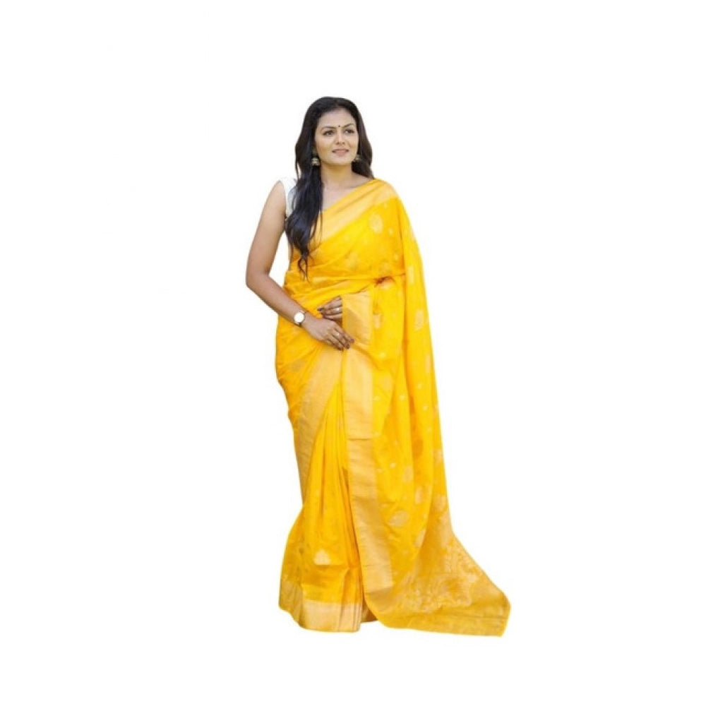 Generic Women's Soft Lichi Silk Printed Saree With Unstitched Blouse 5.5Mtr (Yellow) Main image