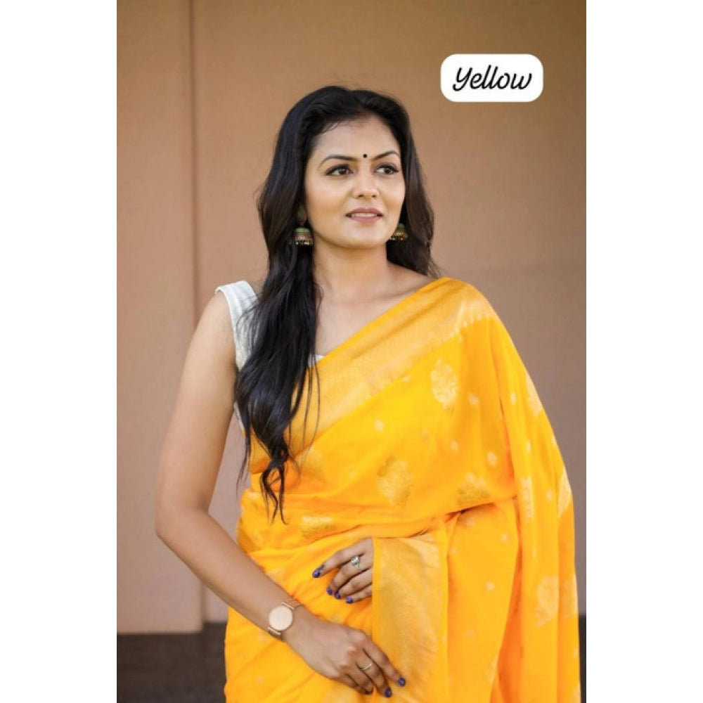 Generic Women's Soft Lichi Silk Printed Saree With Unstitched Blouse 5.5Mtr (Yellow) Secondary image