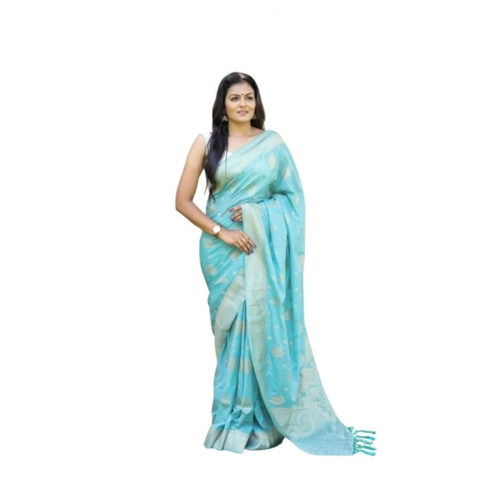 Generic Women's Soft Lichi Silk Printed Saree With Unstitched Blouse 5.5Mtr (Sky-Blue) Main image