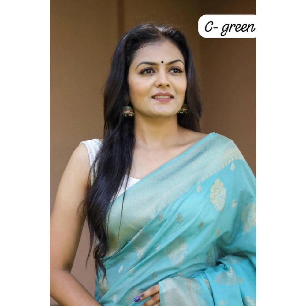 Generic Women's Soft Lichi Silk Printed Saree With Unstitched Blouse 5.5Mtr (Sky-Blue) Secondary image