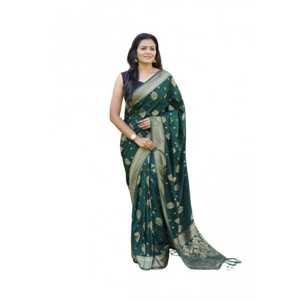 Generic Women's Soft Lichi Silk Printed Saree With Unstitched Blouse 5.5Mtr (Bottle-Green) Main image