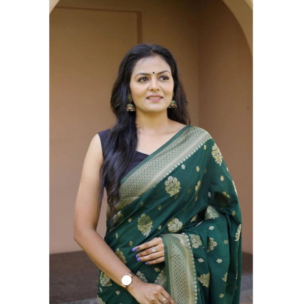 Generic Women's Soft Lichi Silk Printed Saree With Unstitched Blouse 5.5Mtr (Bottle-Green) Secondary image