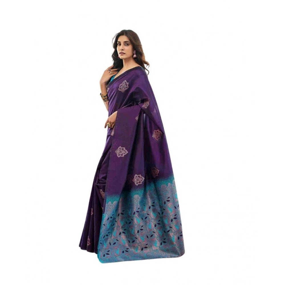 Generic Women's Soft Lichi Silk Printed Saree With Unstitched Blouse 5.5Mtr (Blue) Main image