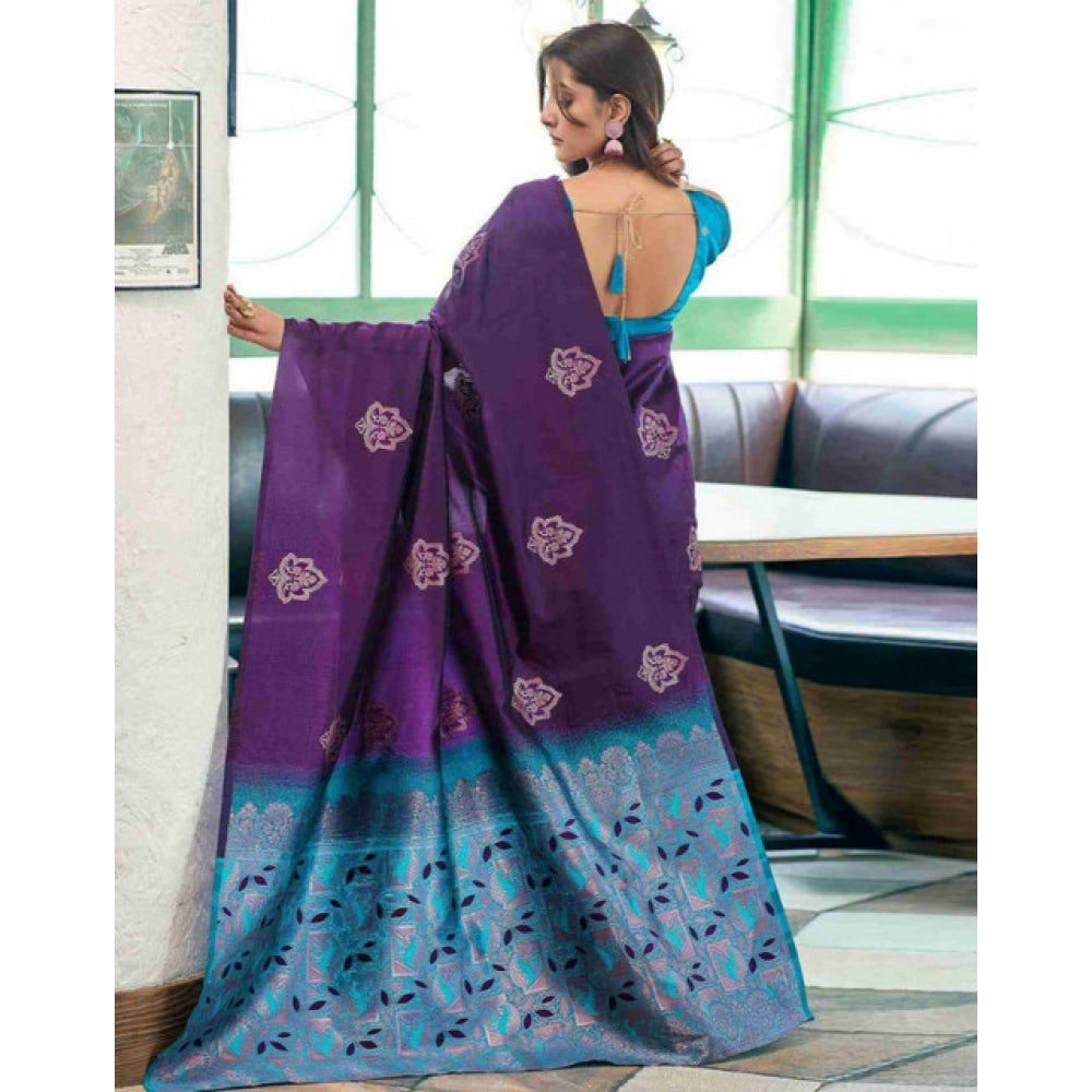 Generic Women's Soft Lichi Silk Printed Saree With Unstitched Blouse 5.5Mtr (Blue) Secondary image