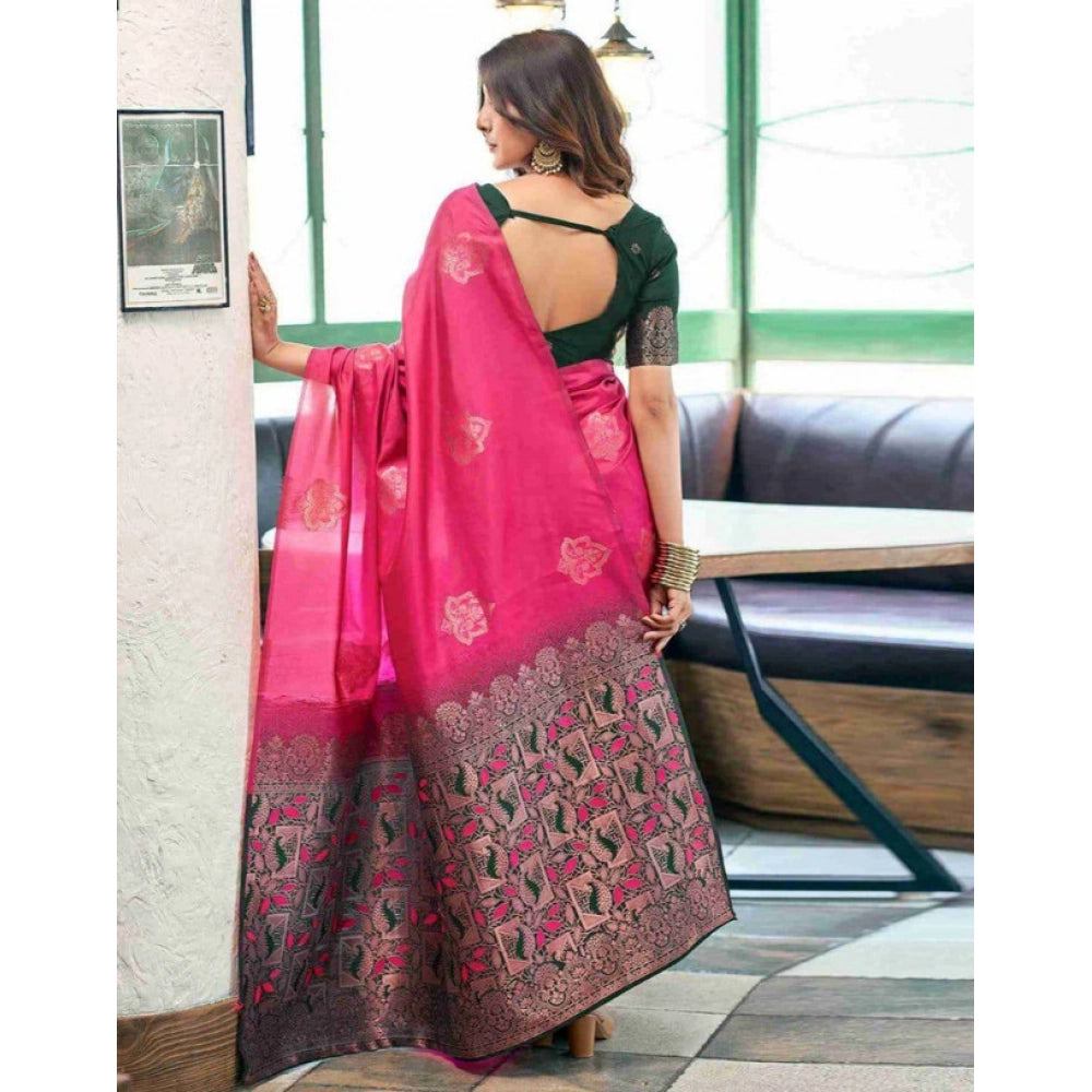 Generic Women's Soft Lichi Silk Printed Saree With Unstitched Blouse 5.5Mtr (Pink) Secondary image