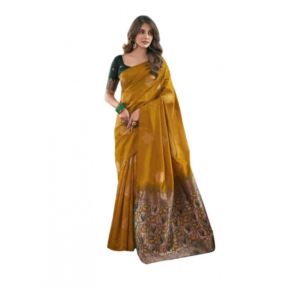 Generic Women's Soft Lichi Silk Printed Saree With Unstitched Blouse 5.5Mtr (Mustard ) Main image