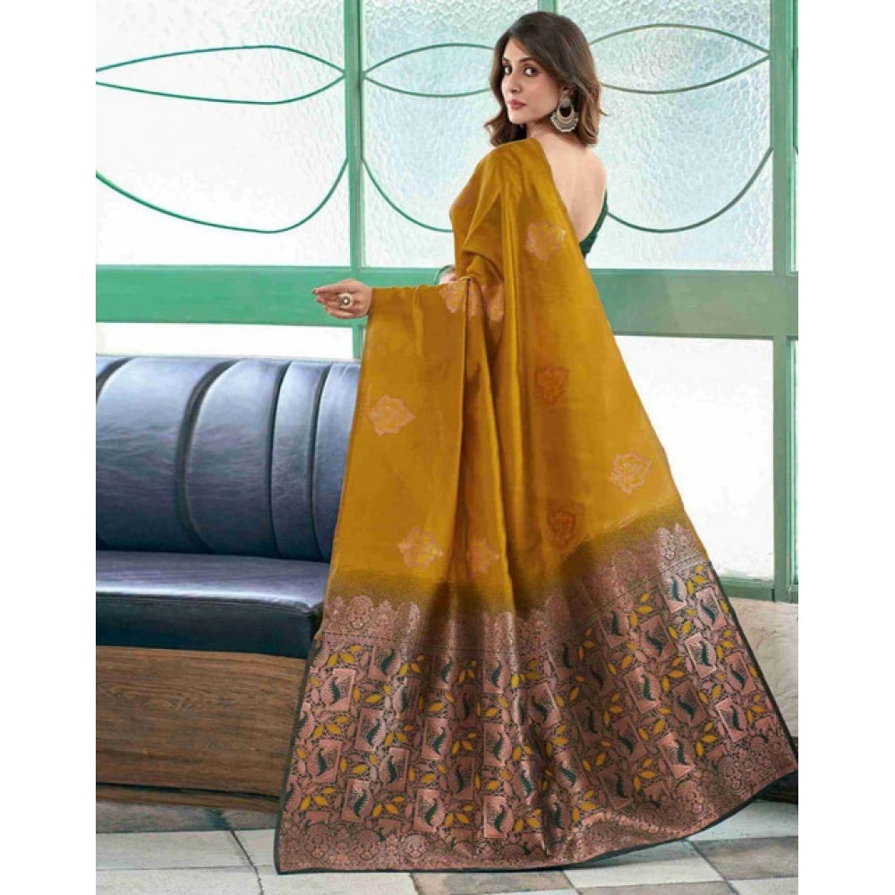 Generic Women's Soft Lichi Silk Printed Saree With Unstitched Blouse 5.5Mtr (Mustard ) Secondary image