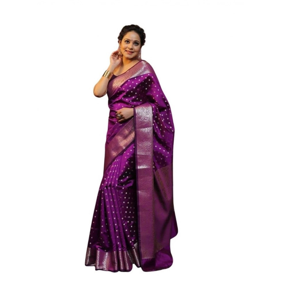 Generic Women's Soft Lichi Silk Printed Saree With Unstitched Blouse 5.5Mtr (Purple) Main image