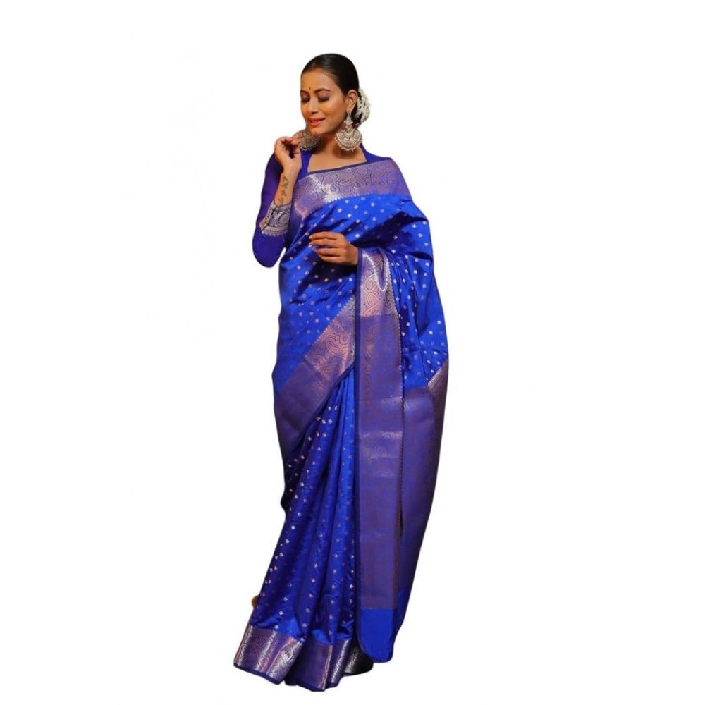 Generic Women's Soft Lichi Silk Printed Saree With Unstitched Blouse 5.5Mtr (Blue) Main image