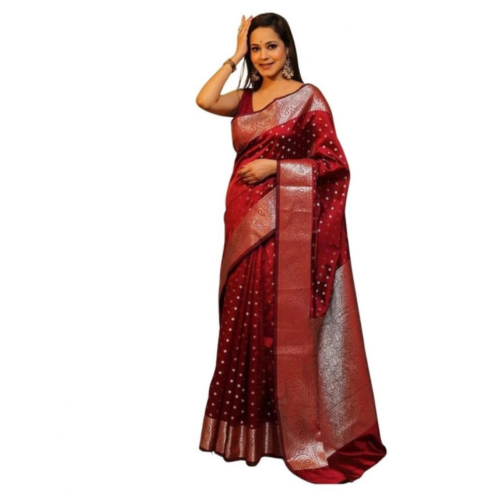 Generic Women's Soft Lichi Silk Printed Saree With Unstitched Blouse 5.5Mtr (Maroon) Main image
