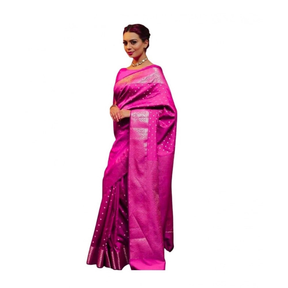 Generic Women's Soft Lichi Silk Printed Saree With Unstitched Blouse 5.5Mtr (Pink) Main image