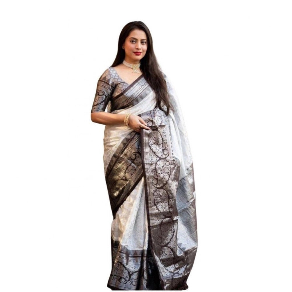 Generic Women's Soft Lichi Silk Printed Saree With Unstitched Blouse 5.5Mtr (Off-White) Main image