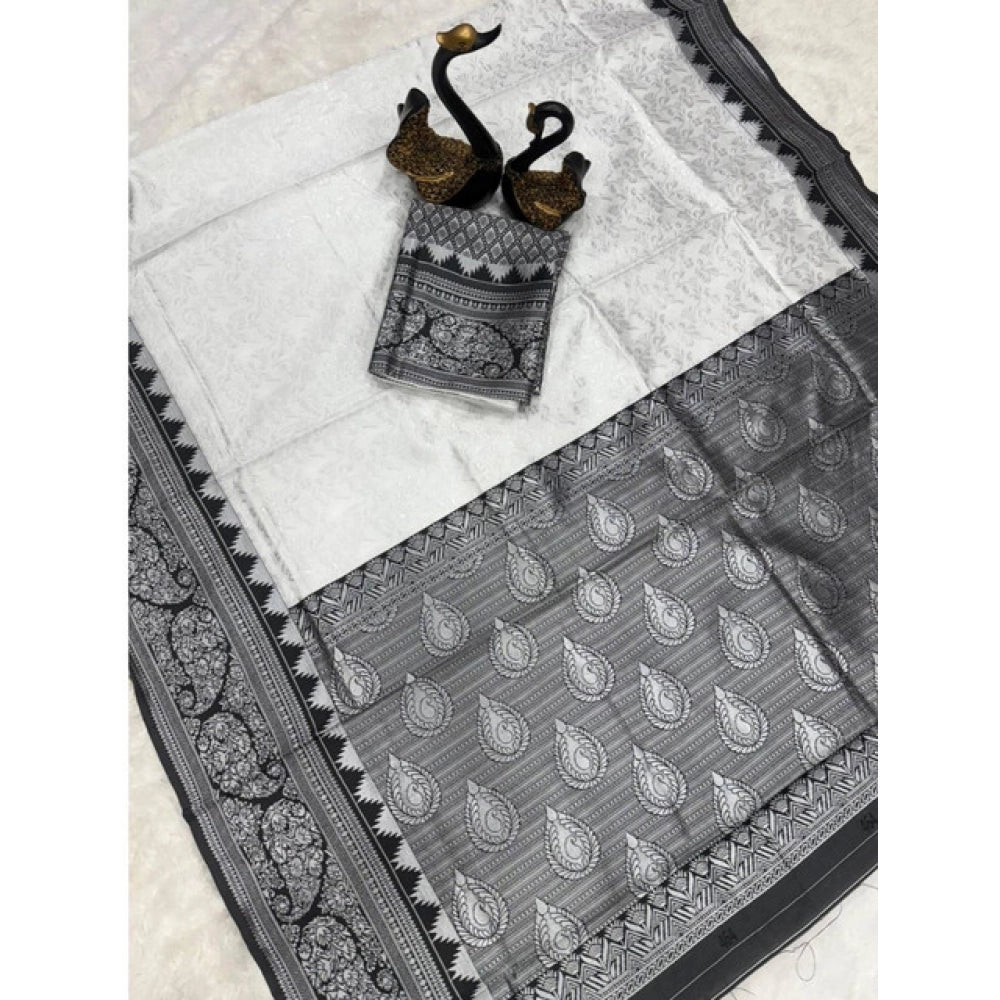 Generic Women's Soft Lichi Silk Printed Saree With Unstitched Blouse 5.5Mtr (Off-White) Secondary image