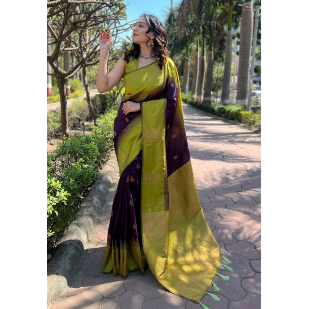 Generic Women's Soft Lichi Silk Printed Saree With Unstitched Blouse 5.5Mtr (Purple) Main image