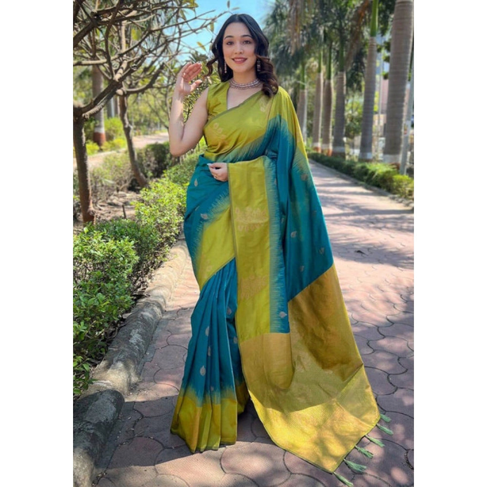 Generic Women's Soft Lichi Silk Printed Saree With Unstitched Blouse 5.5Mtr (Green) Main image
