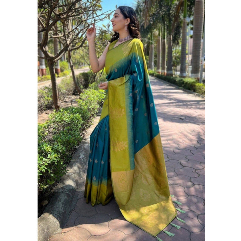 Generic Women's Soft Lichi Silk Printed Saree With Unstitched Blouse 5.5Mtr (Green) Secondary image