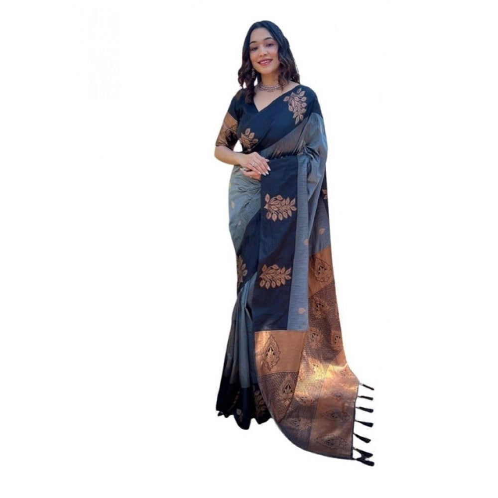 Generic Women's Soft Lichi Silk Printed Saree With Unstitched Blouse 5.5Mtr (Grey) Main image