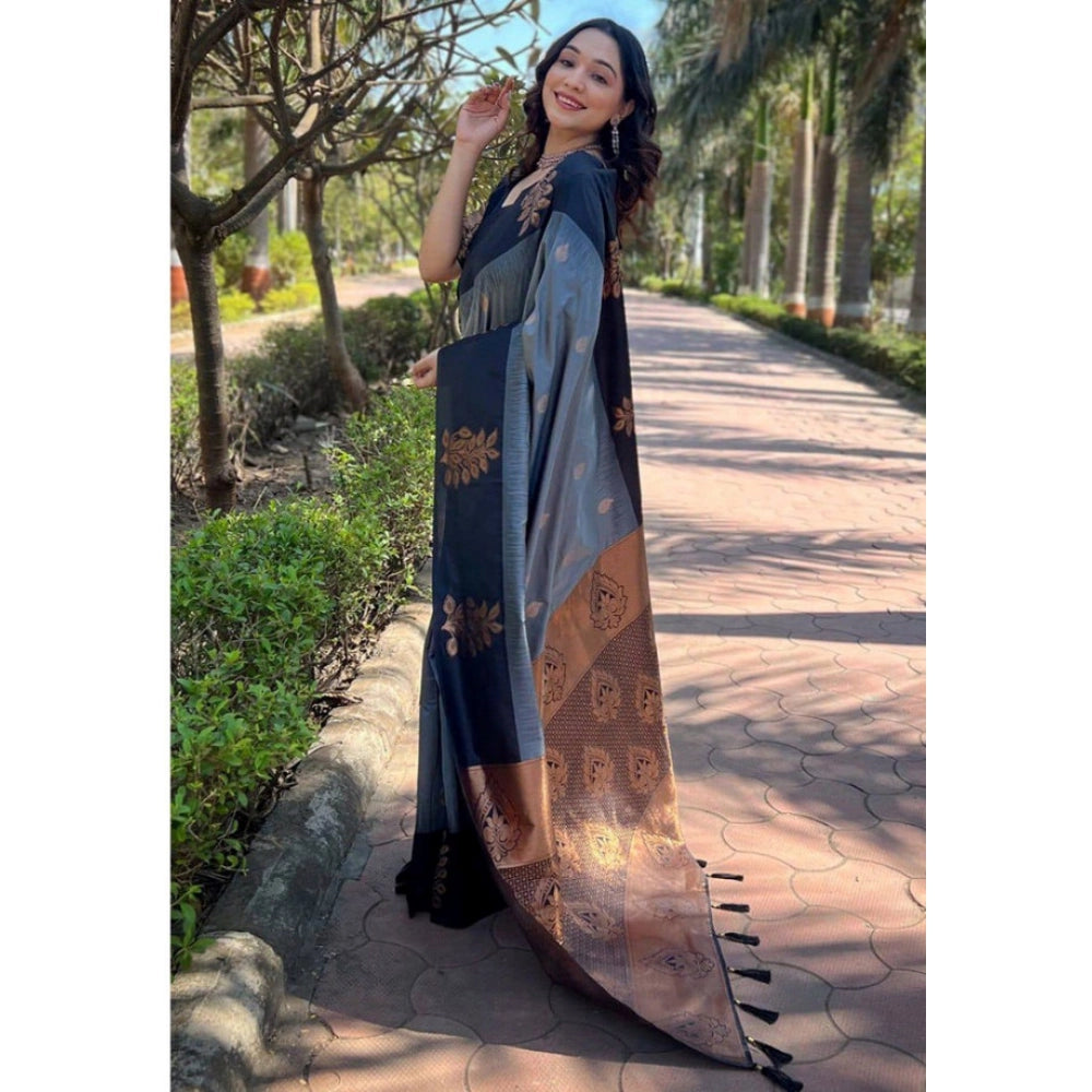 Generic Women's Soft Lichi Silk Printed Saree With Unstitched Blouse 5.5Mtr (Grey) Secondary image