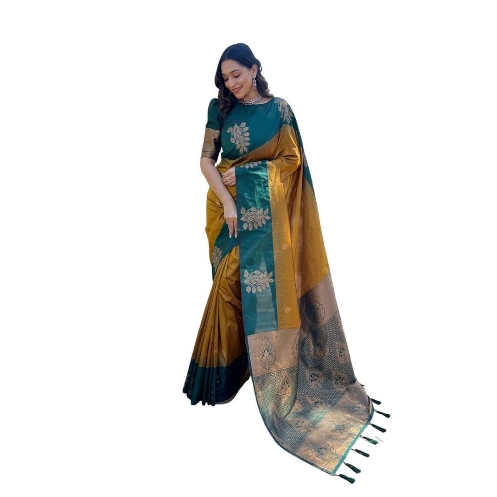 Generic Women's Soft Lichi Silk Printed Saree With Unstitched Blouse 5.5Mtr (Mustard ) Main image