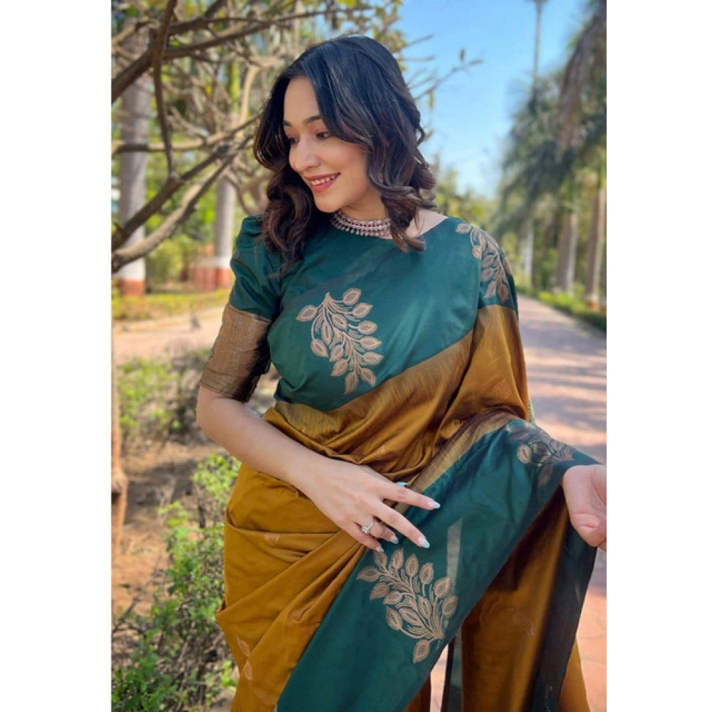 Generic Women's Soft Lichi Silk Printed Saree With Unstitched Blouse 5.5Mtr (Mustard ) Secondary image