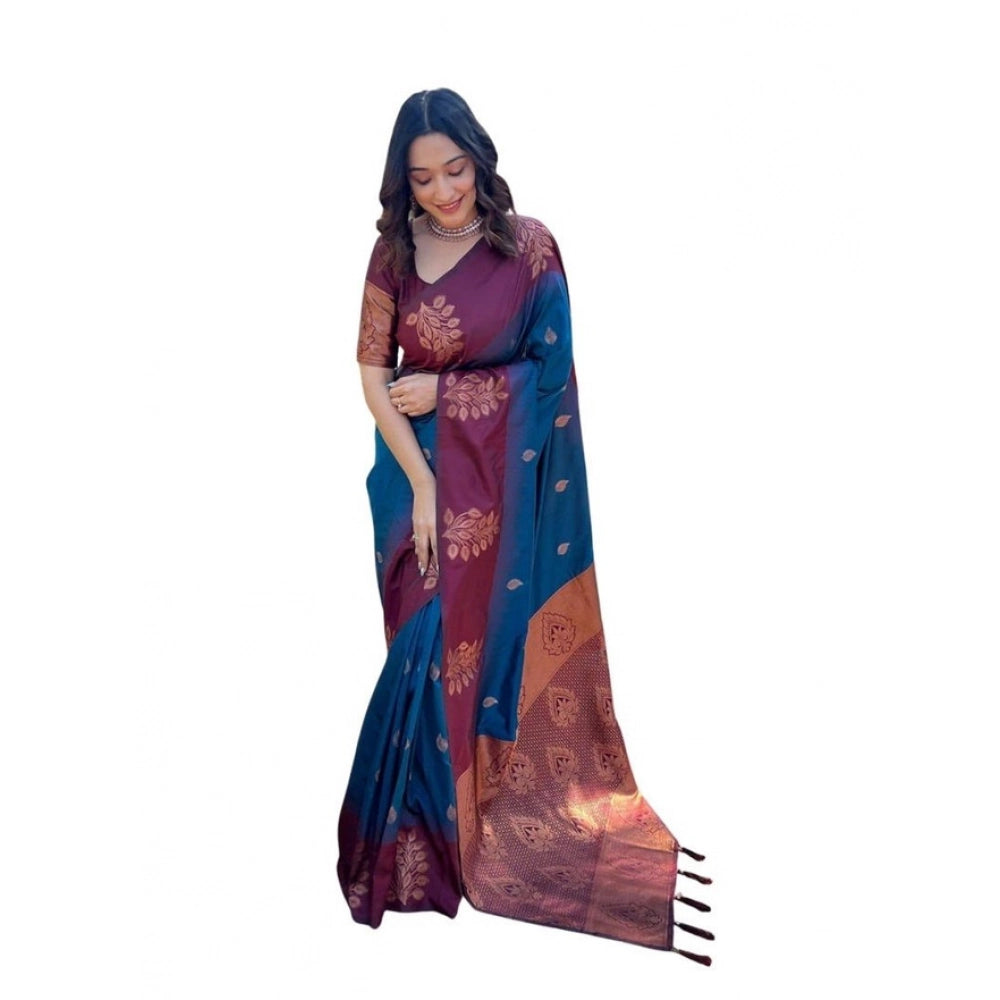Generic Women's Soft Lichi Silk Printed Saree With Unstitched Blouse 5.5Mtr (Blue) Main image