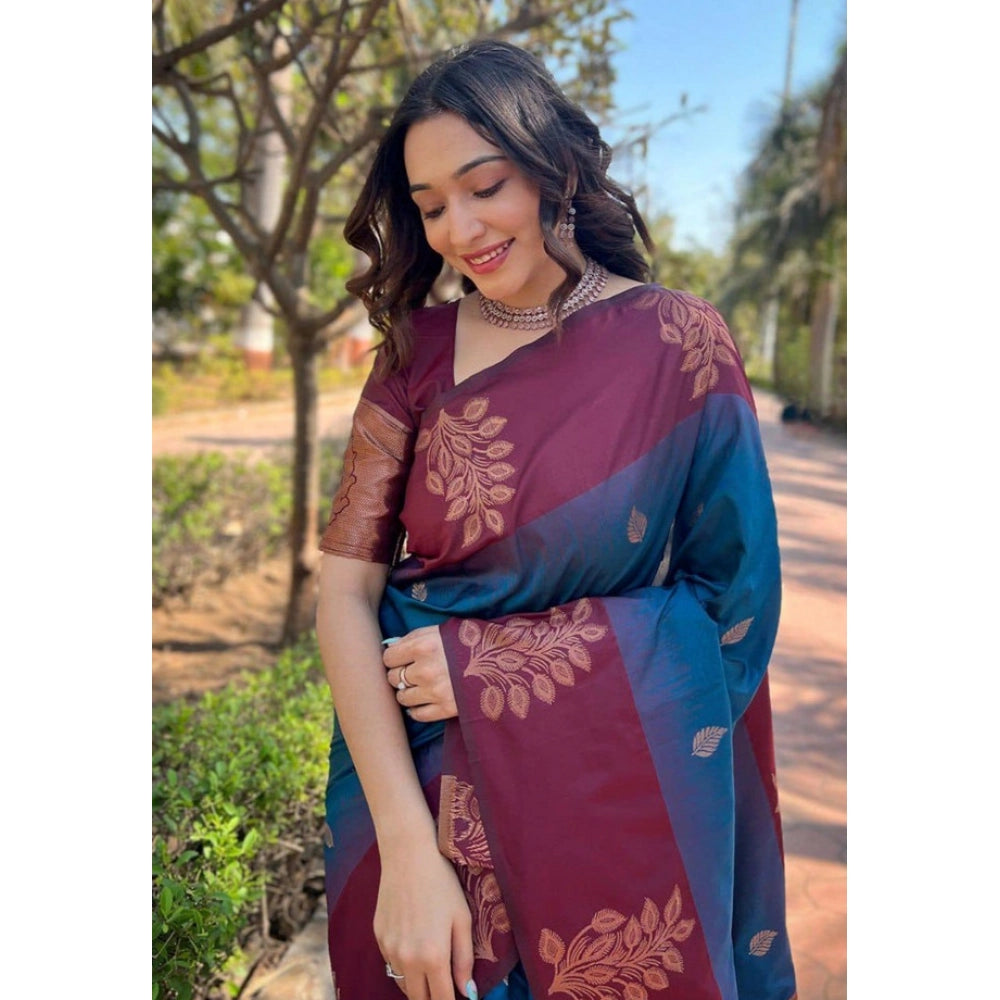 Generic Women's Soft Lichi Silk Printed Saree With Unstitched Blouse 5.5Mtr (Blue) Secondary image