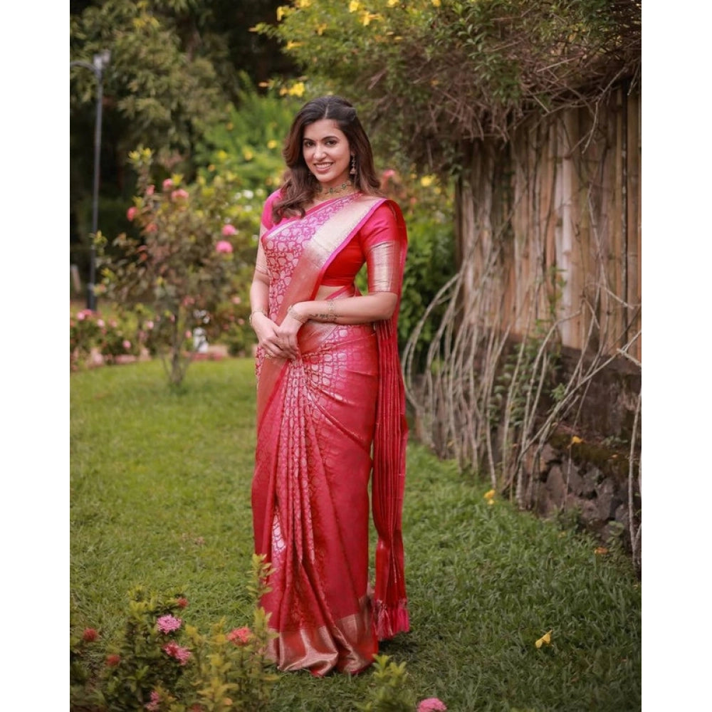 Generic Women's Soft Lichi Silk Printed Saree With Unstitched Blouse 5.5Mtr (Pink) Secondary image