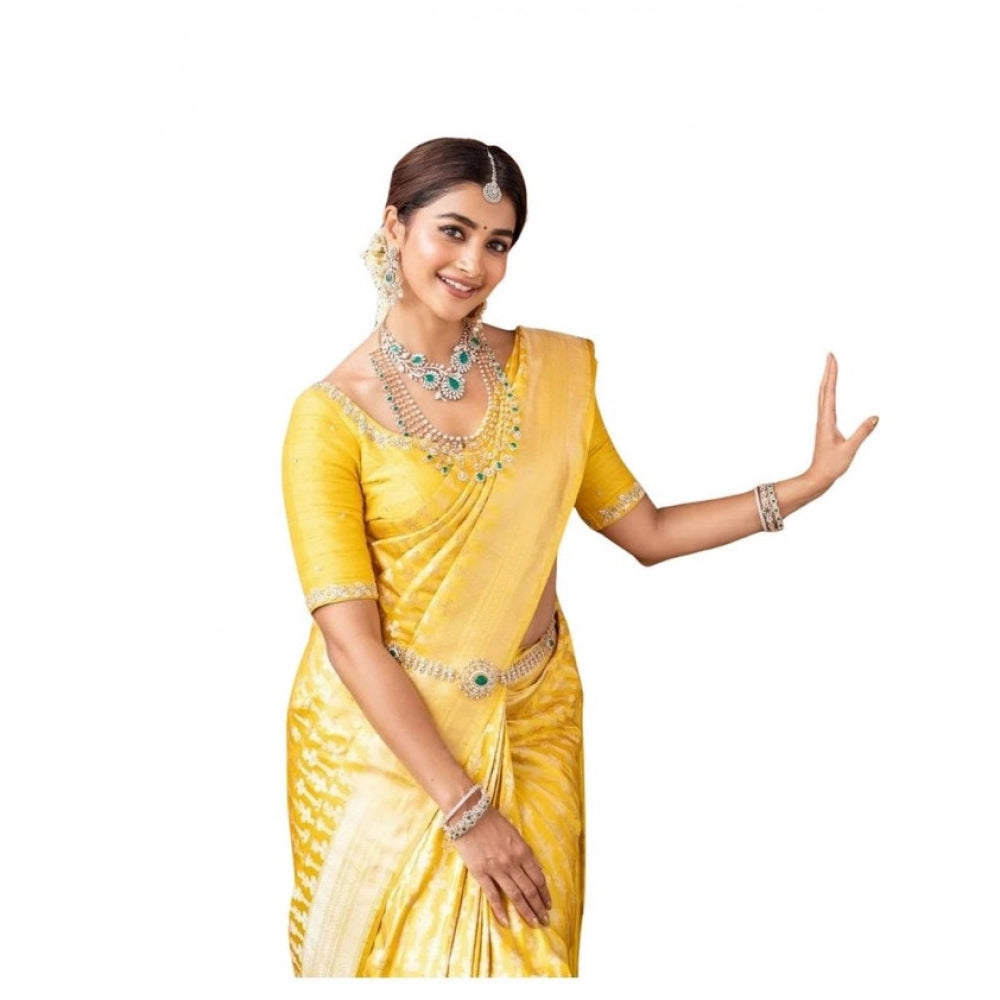 Generic Women's Soft Lichi Silk Printed Saree With Unstitched Blouse 5.5Mtr (Yellow) Main image