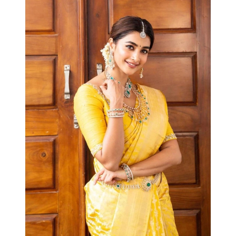 Generic Women's Soft Lichi Silk Printed Saree With Unstitched Blouse 5.5Mtr (Yellow) Secondary image