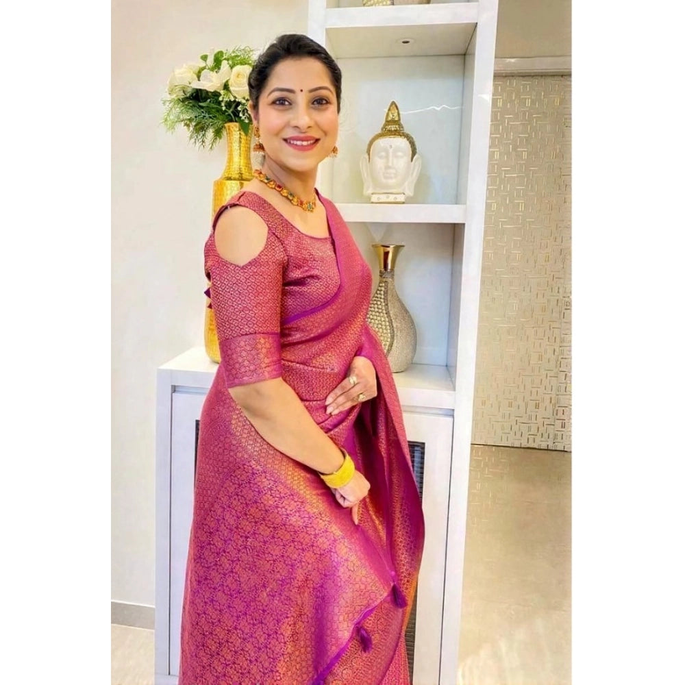 Generic Women's Soft Lichi Silk Printed Saree With Unstitched Blouse 5.5Mtr (Pink) Main image