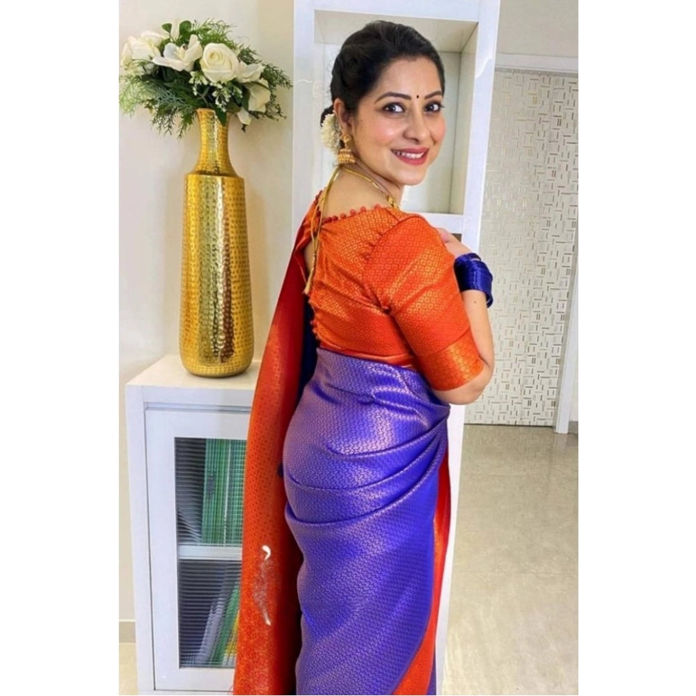 Generic Women's Soft Lichi Silk Printed Saree With Unstitched Blouse 5.5Mtr (Blue) Secondary image