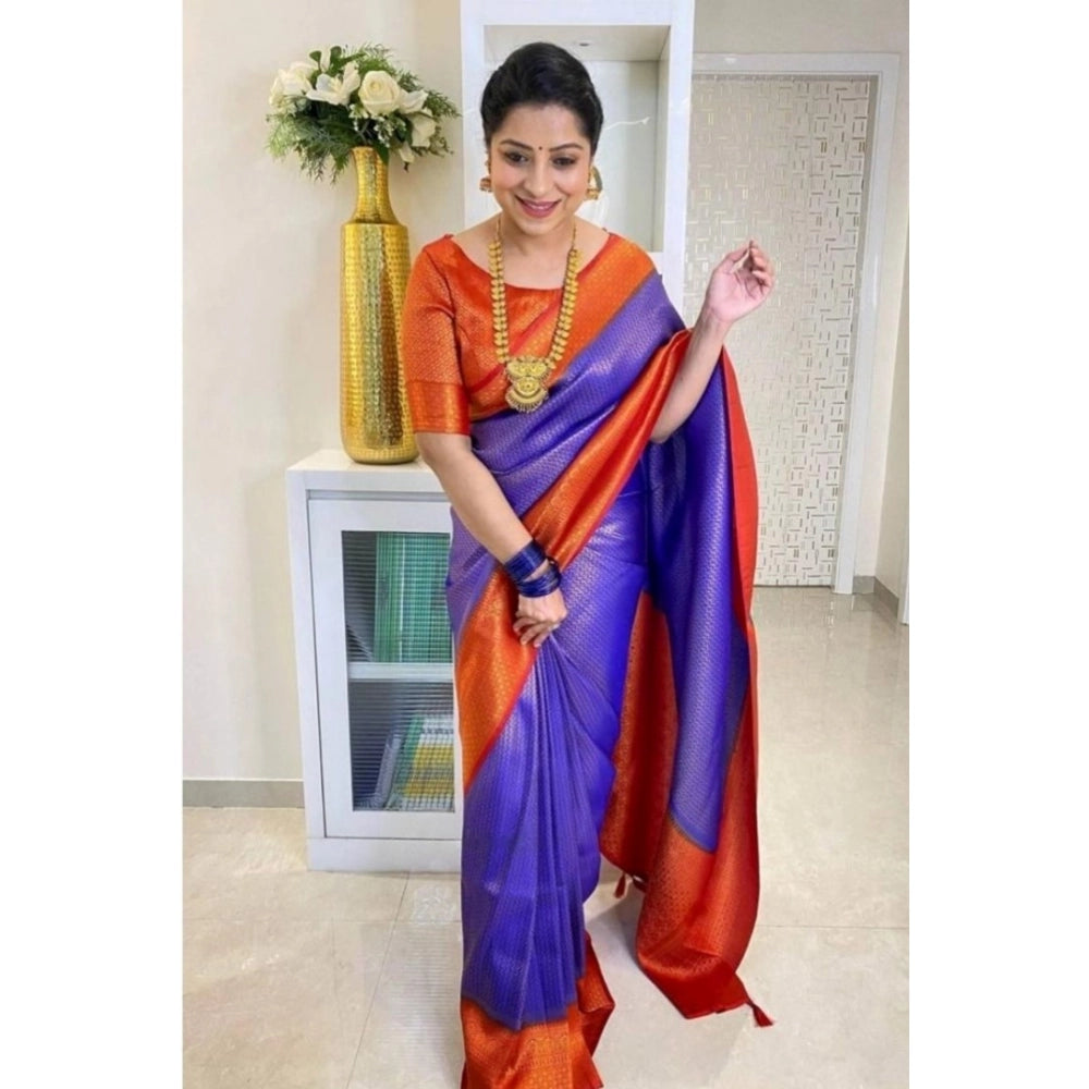 Generic Women's Soft Lichi Silk Printed Saree With Unstitched Blouse 5.5Mtr (Blue) Main image